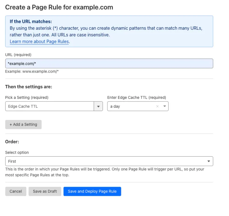 Example Page Rule with the 'Edge Cache TTL' setting